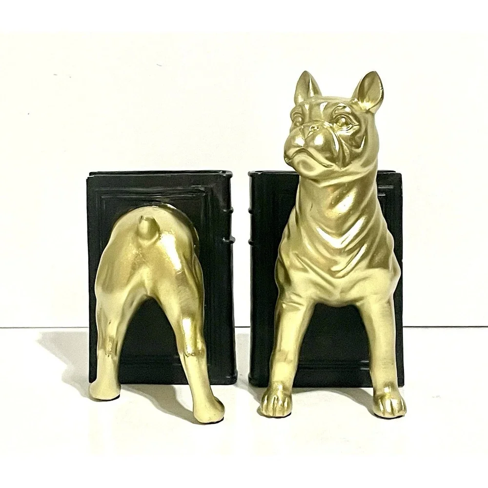 Gold Bulldog Resin Bookends Black Book Base